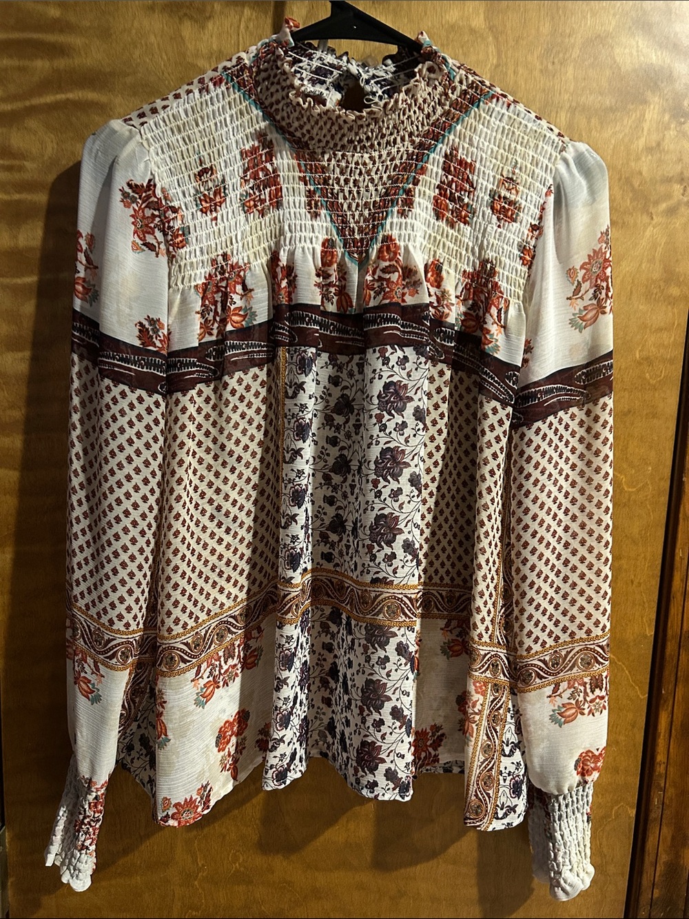 Rue21 Cream Floral Smocked Boho Blouse with Rust Accents -Excellent Condition